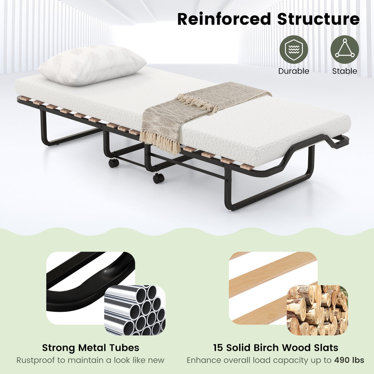 Rollaway Folding Bed with Memory Foam Mattress - Lockable Buckles