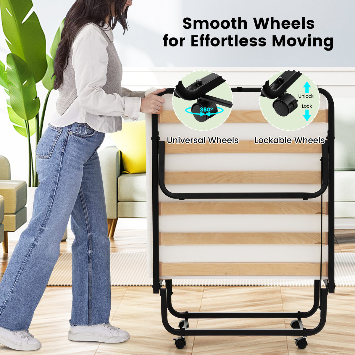 Rollaway Folding Bed with Memory Foam Mattress - Lockable Buckles