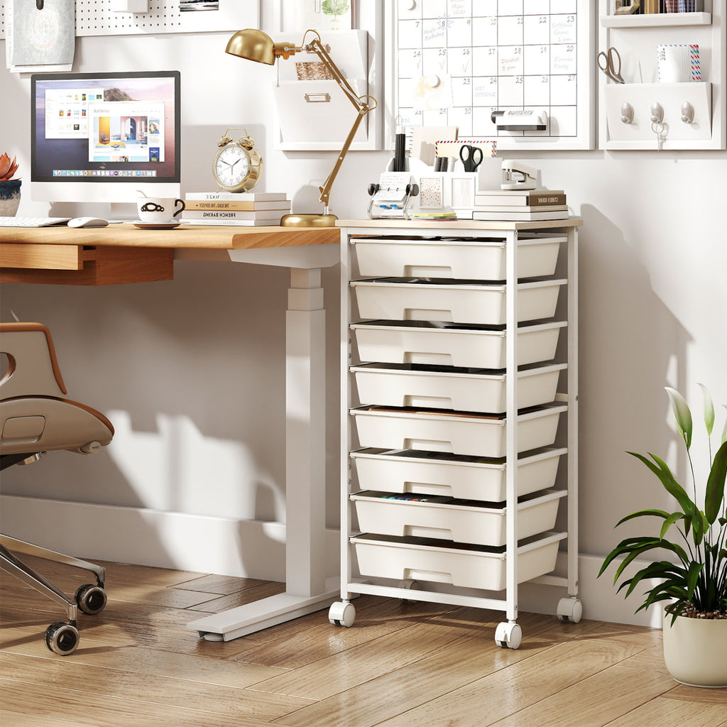8-Drawer Rolling Cart with Wooden Tabletop & Lockable Wheels - Macaron