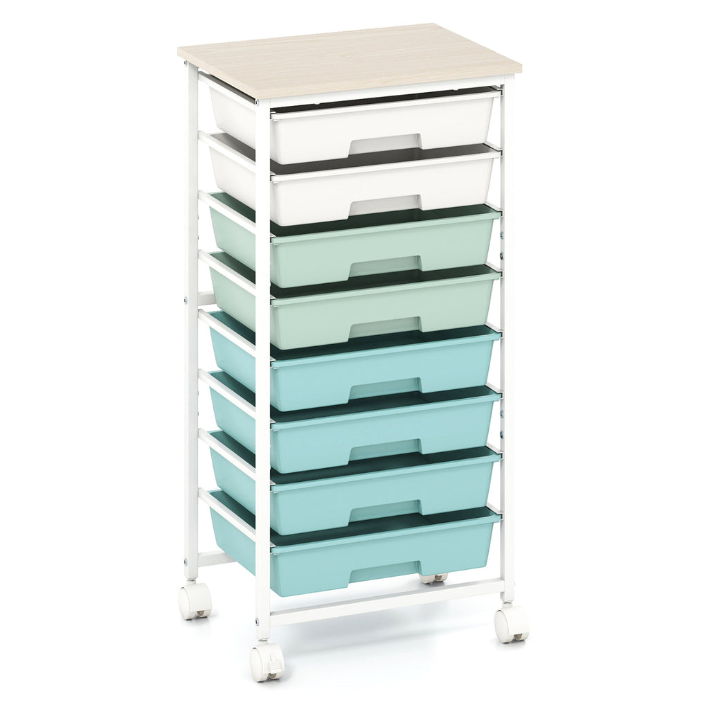 8-Drawer Rolling Cart with Wooden Tabletop & Lockable Wheels - Macaron