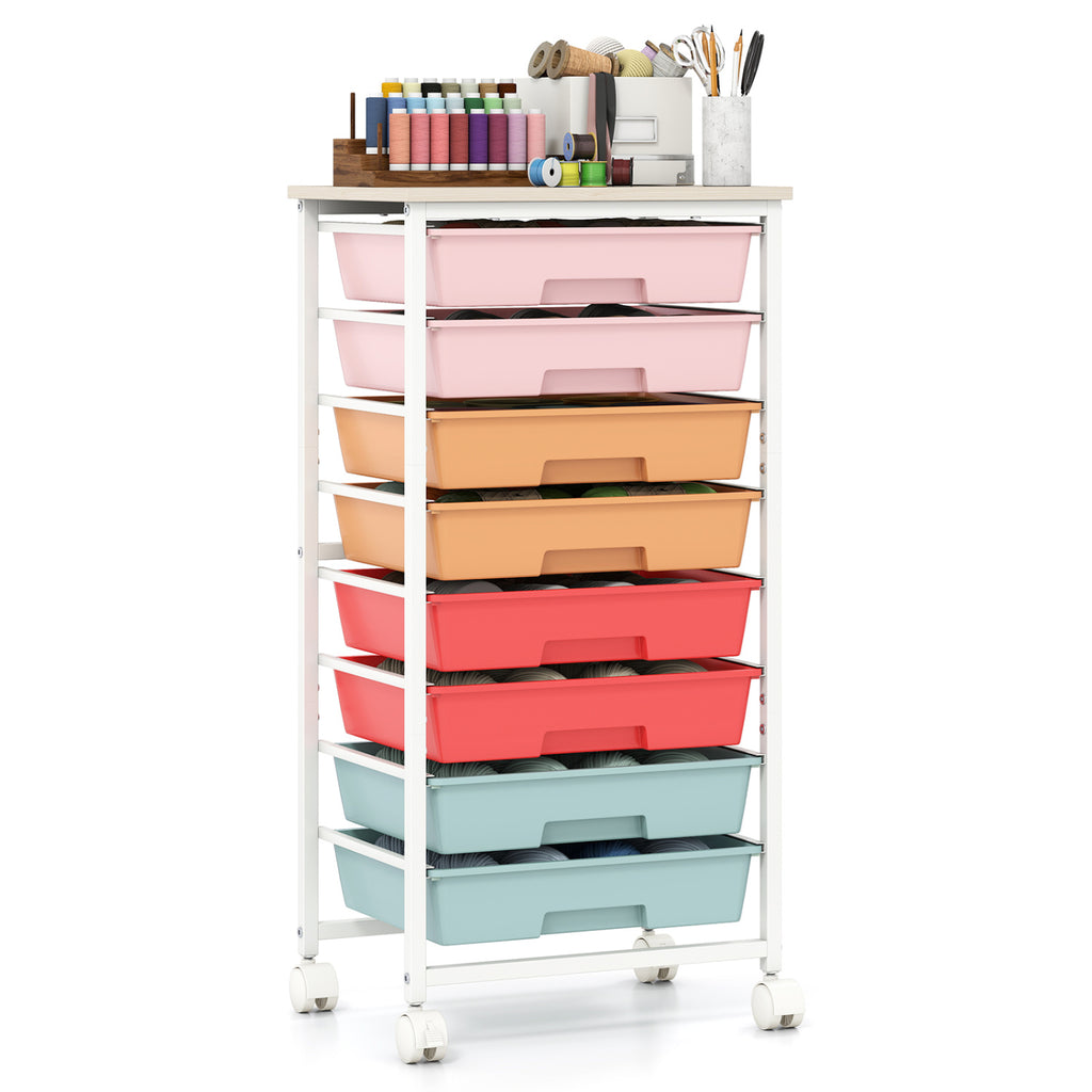 8-Drawer Rolling Cart with Wooden Tabletop & Lockable Wheels - Macaron