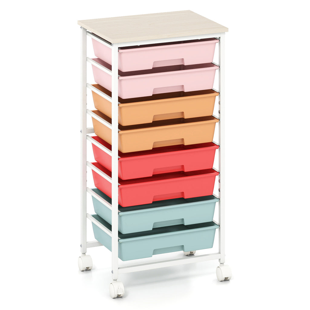 8-Drawer Rolling Cart with Wooden Tabletop & Lockable Wheels - Macaron