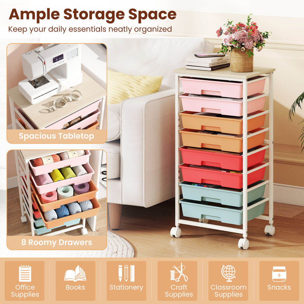 8-Drawer Rolling Cart with Wooden Tabletop & Lockable Wheels - Macaron