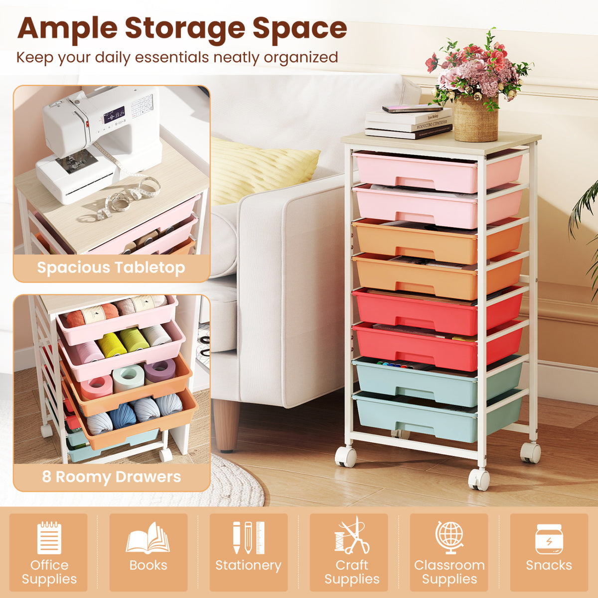 8-Drawer Rolling Cart with Wooden Tabletop & Lockable Wheels - Macaron