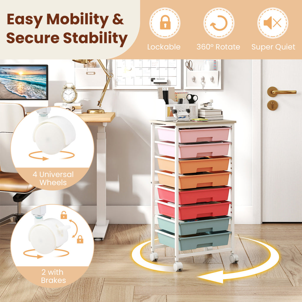 8-Drawer Rolling Cart with Wooden Tabletop & Lockable Wheels - Macaron