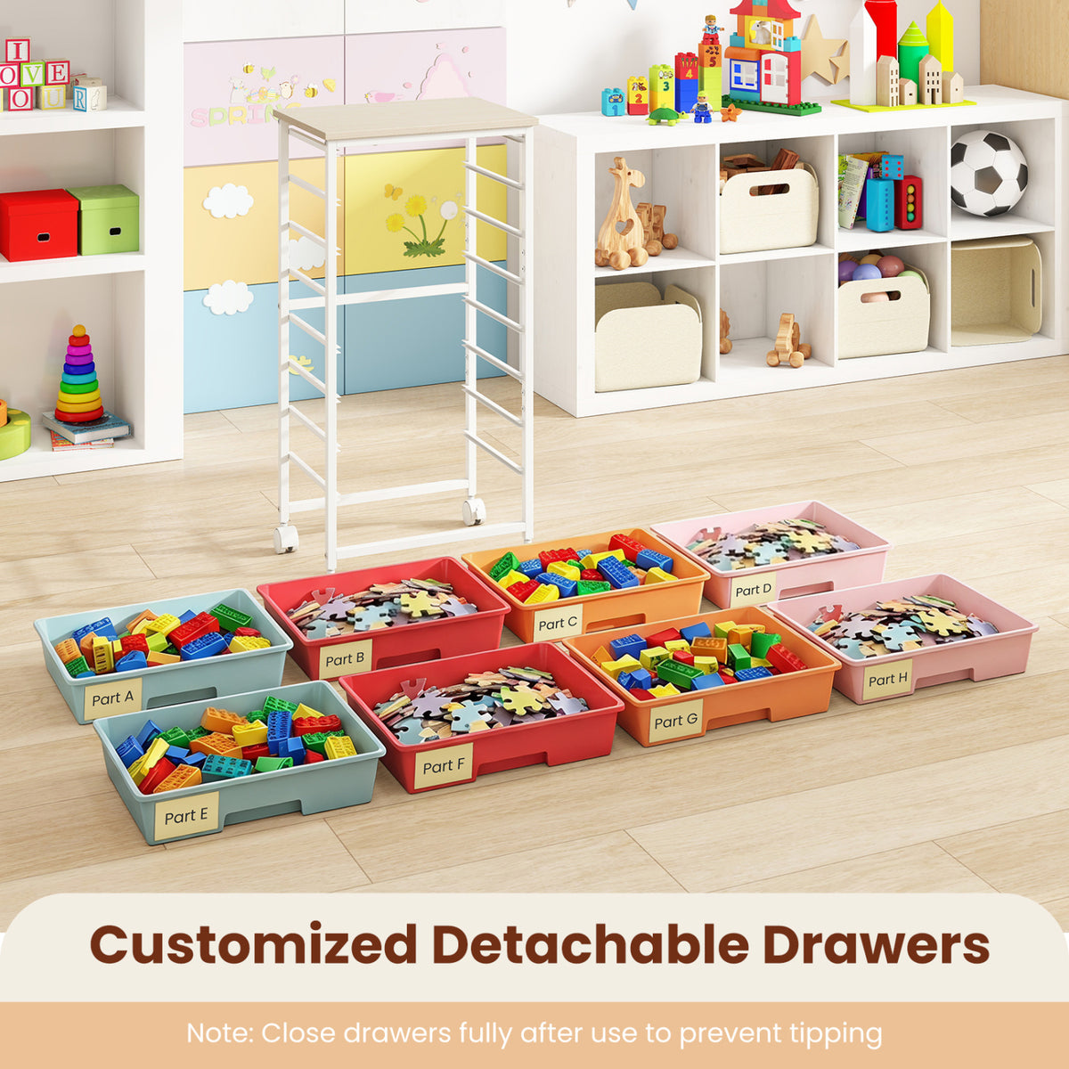 8-Drawer Rolling Cart with Wooden Tabletop & Lockable Wheels - Macaron