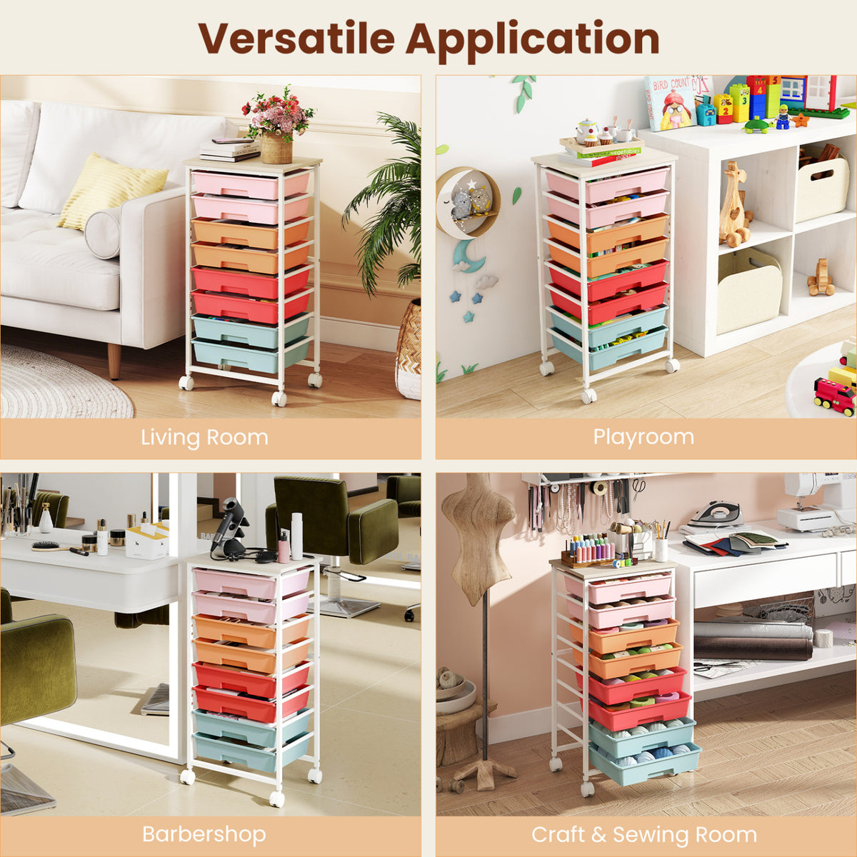 8-Drawer Rolling Cart with Wooden Tabletop & Lockable Wheels - Macaron