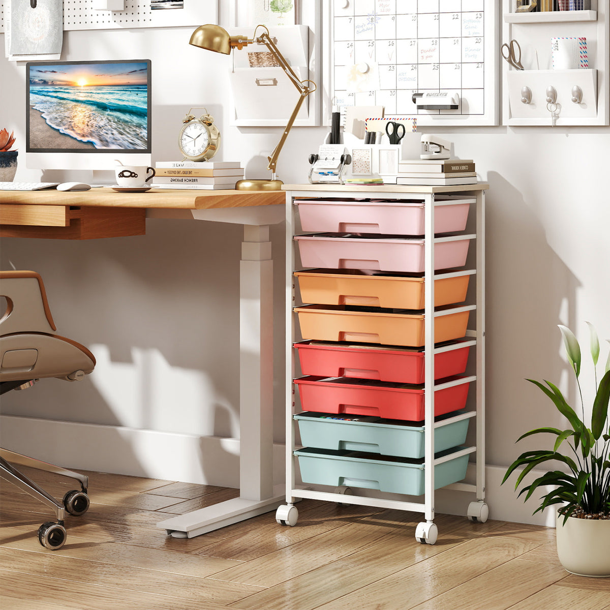 8-Drawer Rolling Cart with Wooden Tabletop & Lockable Wheels - Macaron
