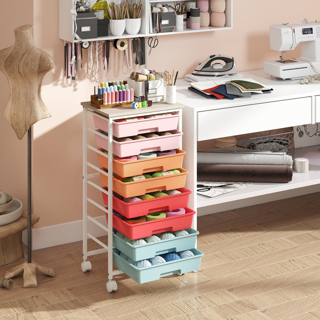 8-Drawer Rolling Cart with Wooden Tabletop & Lockable Wheels - Macaron