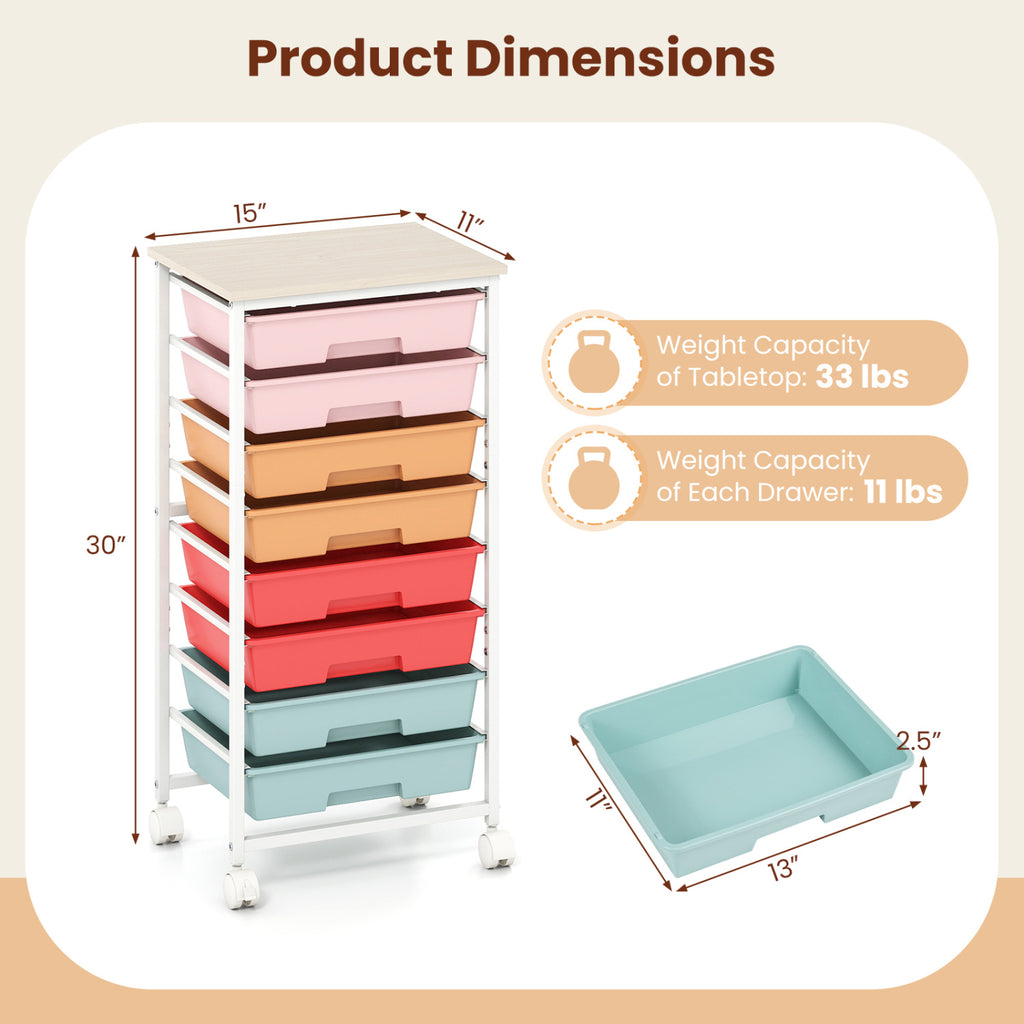Rolling Cart with 8 Drawers and Wooden Tabletop Lockable Wheels for