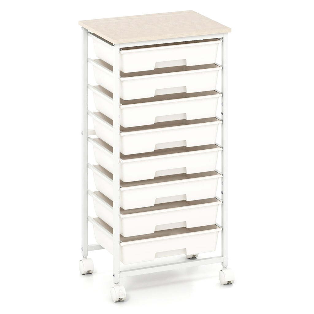 8-Drawer Rolling Cart with Wooden Tabletop & Lockable Wheels - Macaron