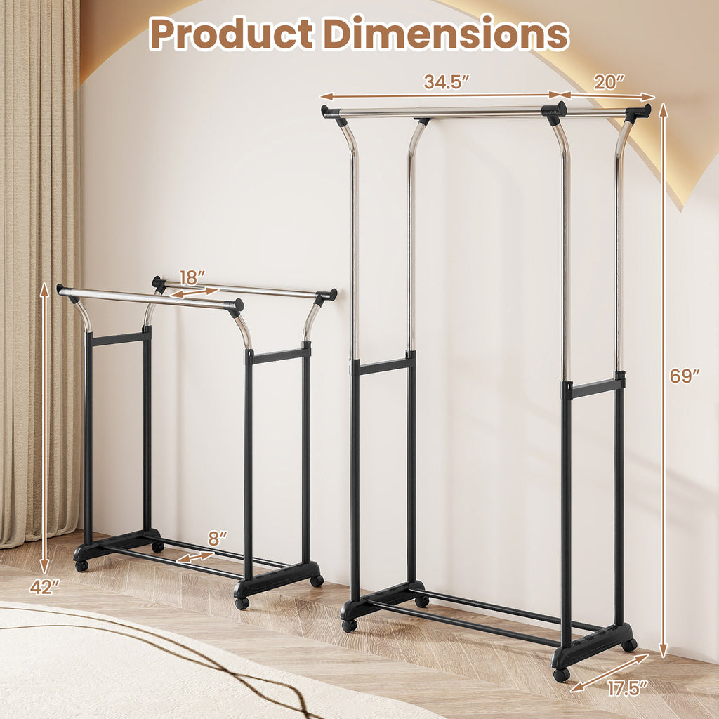 Rolling Clothes Rack with Double Rod - Adjustable Height