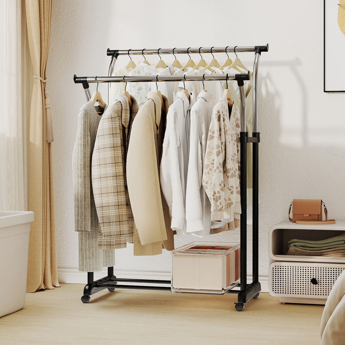 Rolling Clothes Rack with Double Rod - Adjustable Height