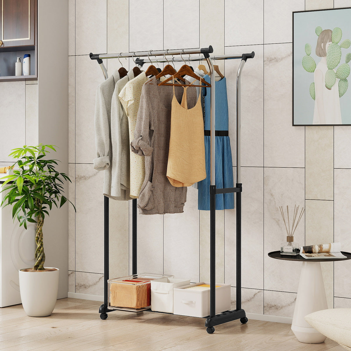 Rolling Clothes Rack with Double Rod - Adjustable Height