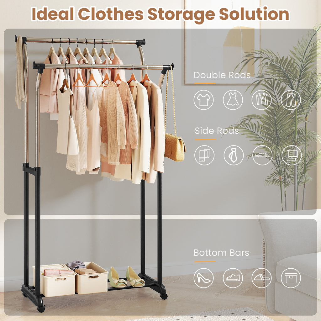 Rolling Clothes Rack with Double Rod - Adjustable Height