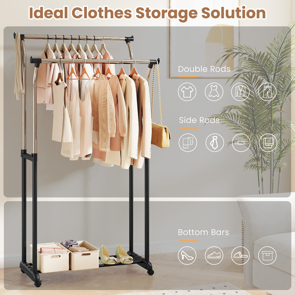 Rolling Clothes Rack with Double Rod - Adjustable Height