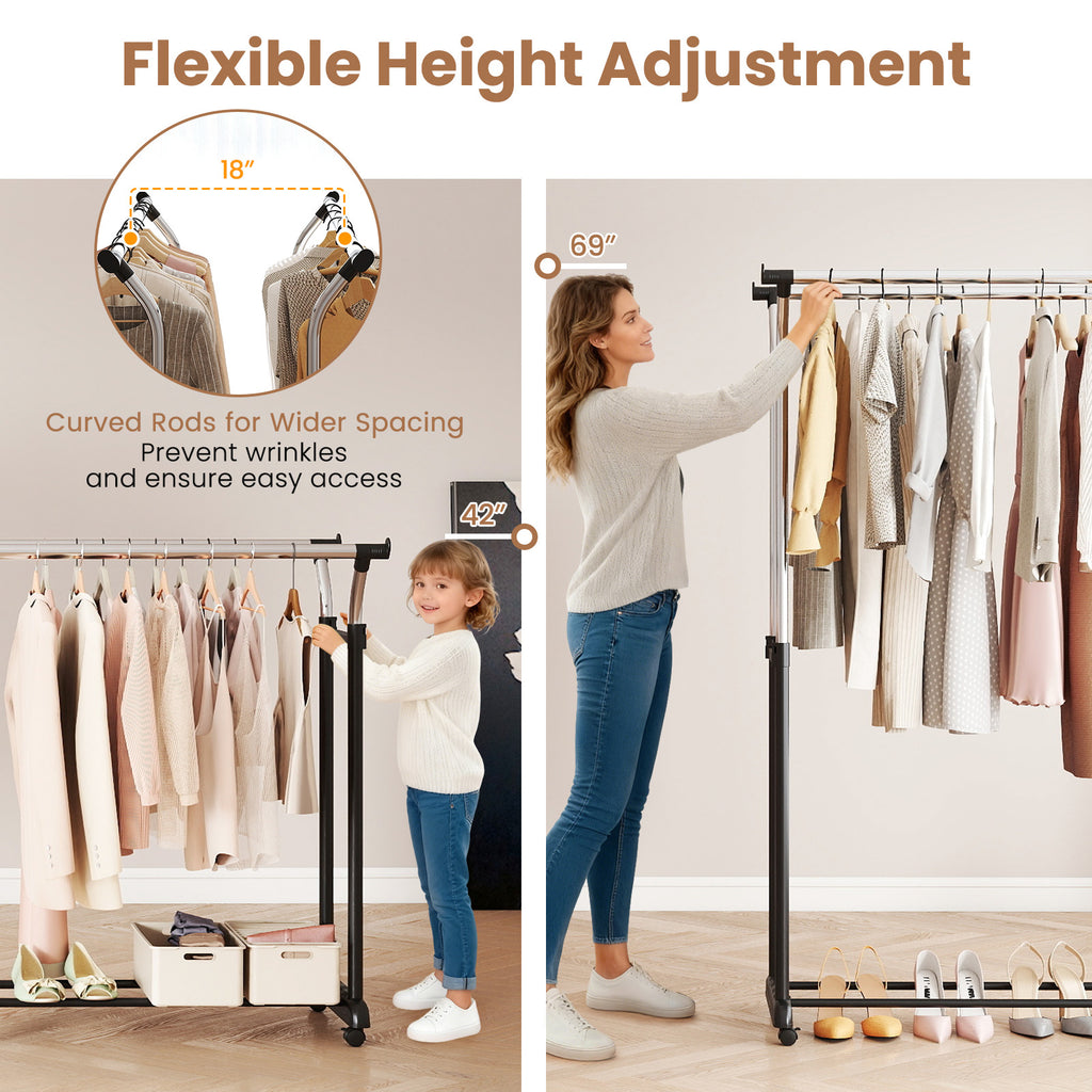 Rolling Clothes Rack with Double Rod - Adjustable Height