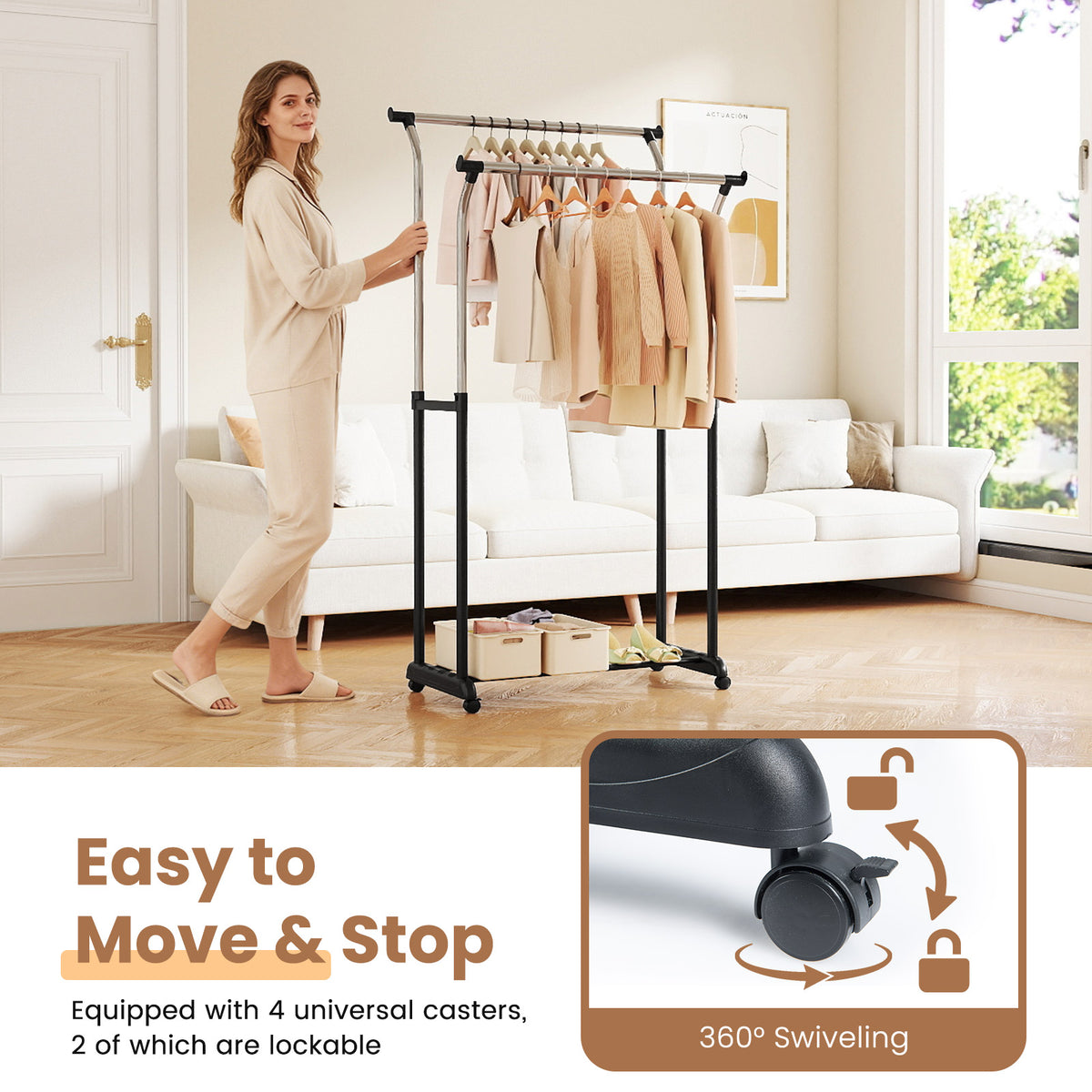 Rolling Clothes Rack with Double Rod - Adjustable Height