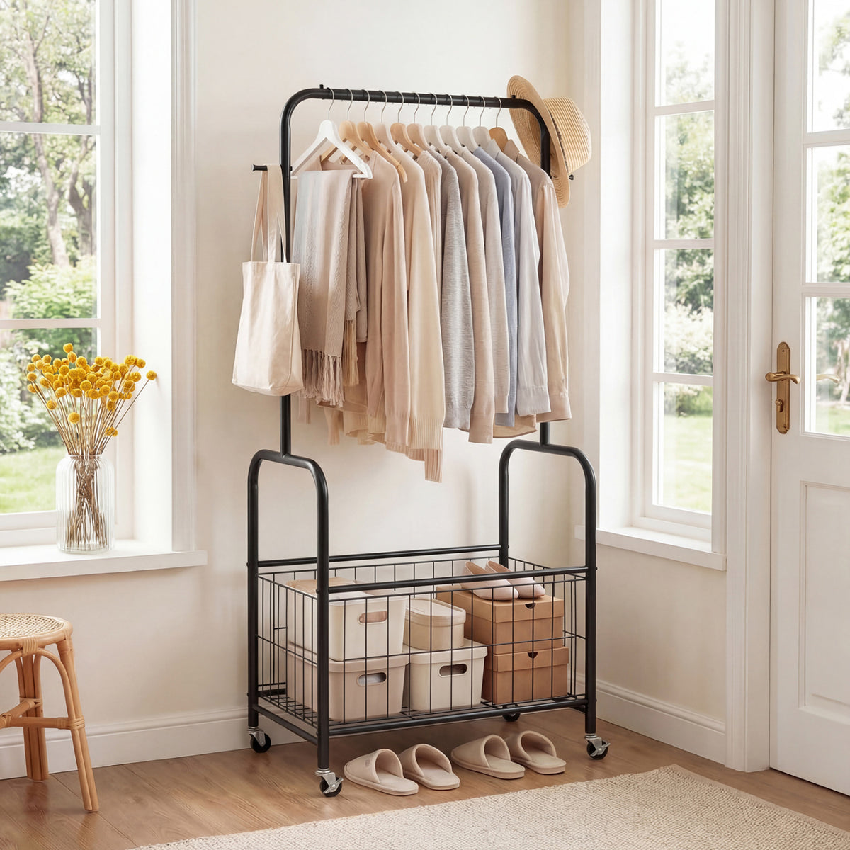 Rolling Clothes Rack with Hanging Rod and Storage Basket - Black