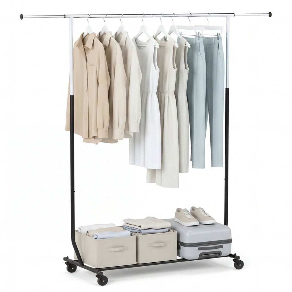 Rolling Clothes Rack Extendable Garment Stand for Hanging