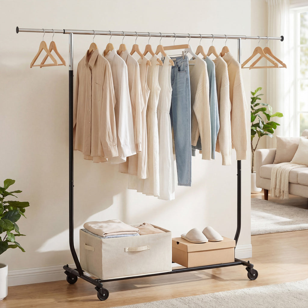 Rolling Clothes Rack Extendable Garment Stand for Hanging