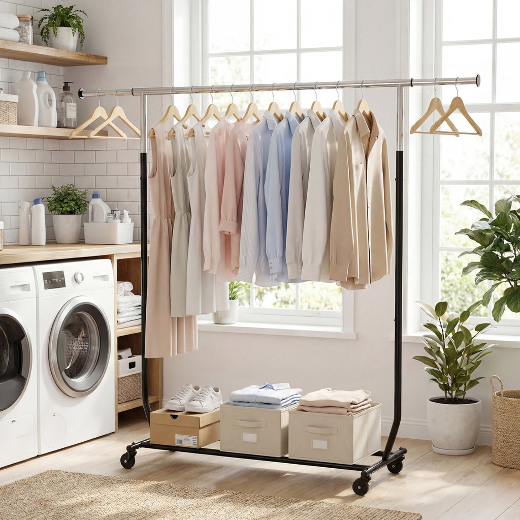Rolling Clothes Rack Extendable Garment Stand for Hanging