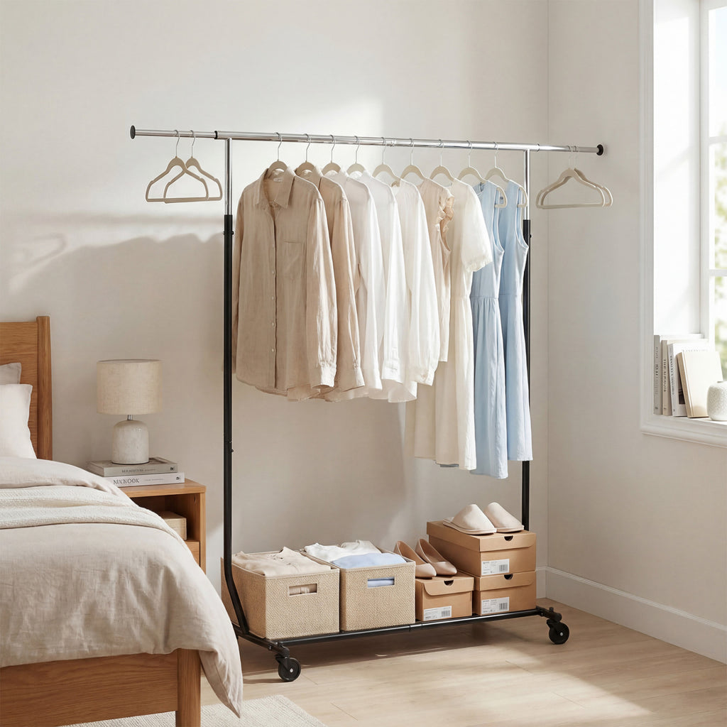 Rolling Clothes Rack Extendable Garment Stand for Hanging