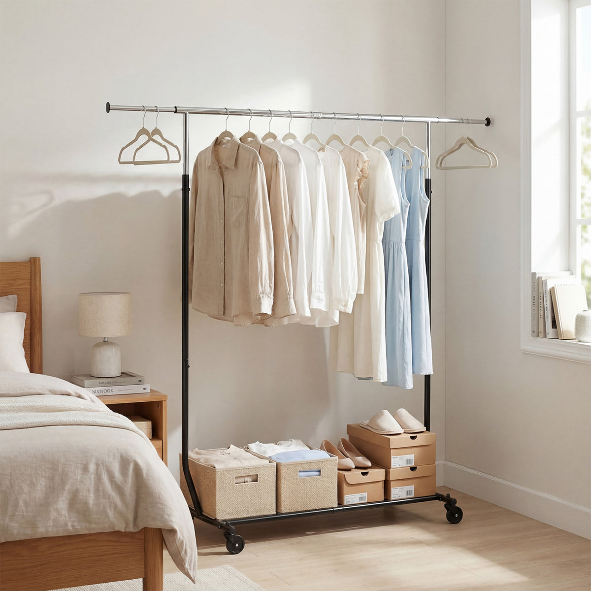 Rolling Clothes Rack Extendable Garment Stand for Hanging