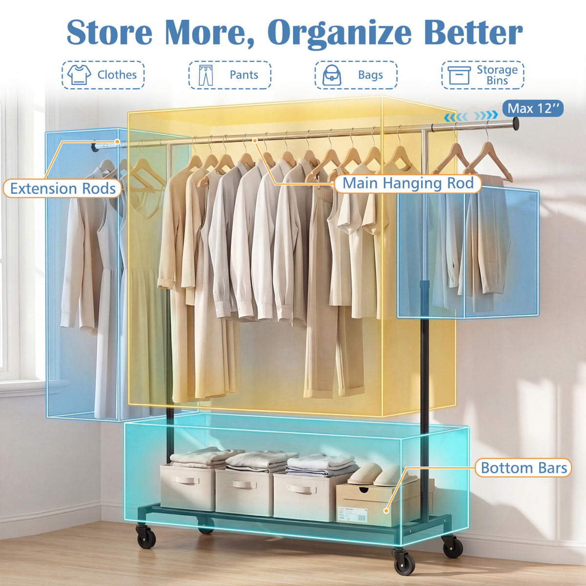 Rolling Clothes Rack Extendable Garment Stand for Hanging