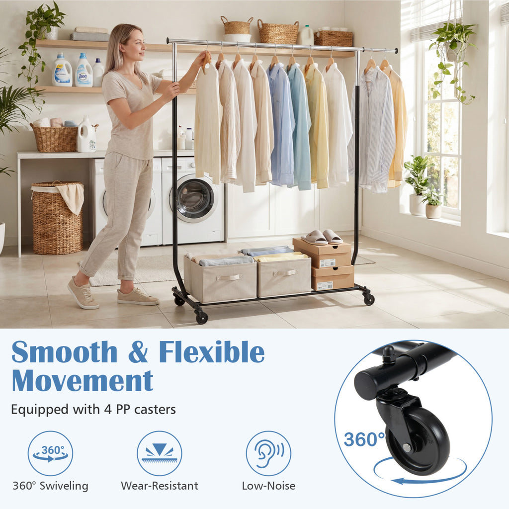 Rolling Clothes Rack Extendable Garment Stand for Hanging