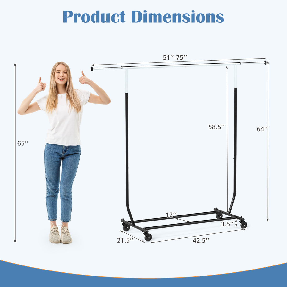 Rolling Clothes Rack Extendable Garment Stand for Hanging
