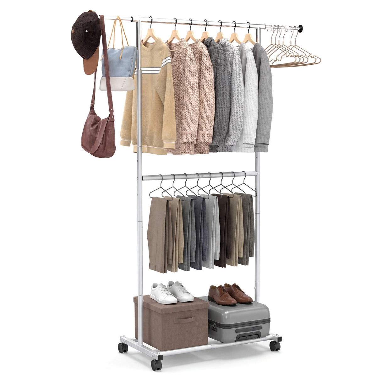 Rolling Clothes Rack Double-Rod Extendable Garment Stand