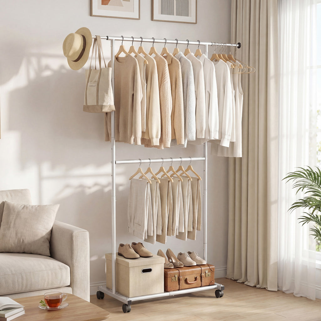 Rolling Clothes Rack Double-Rod Extendable Garment Stand