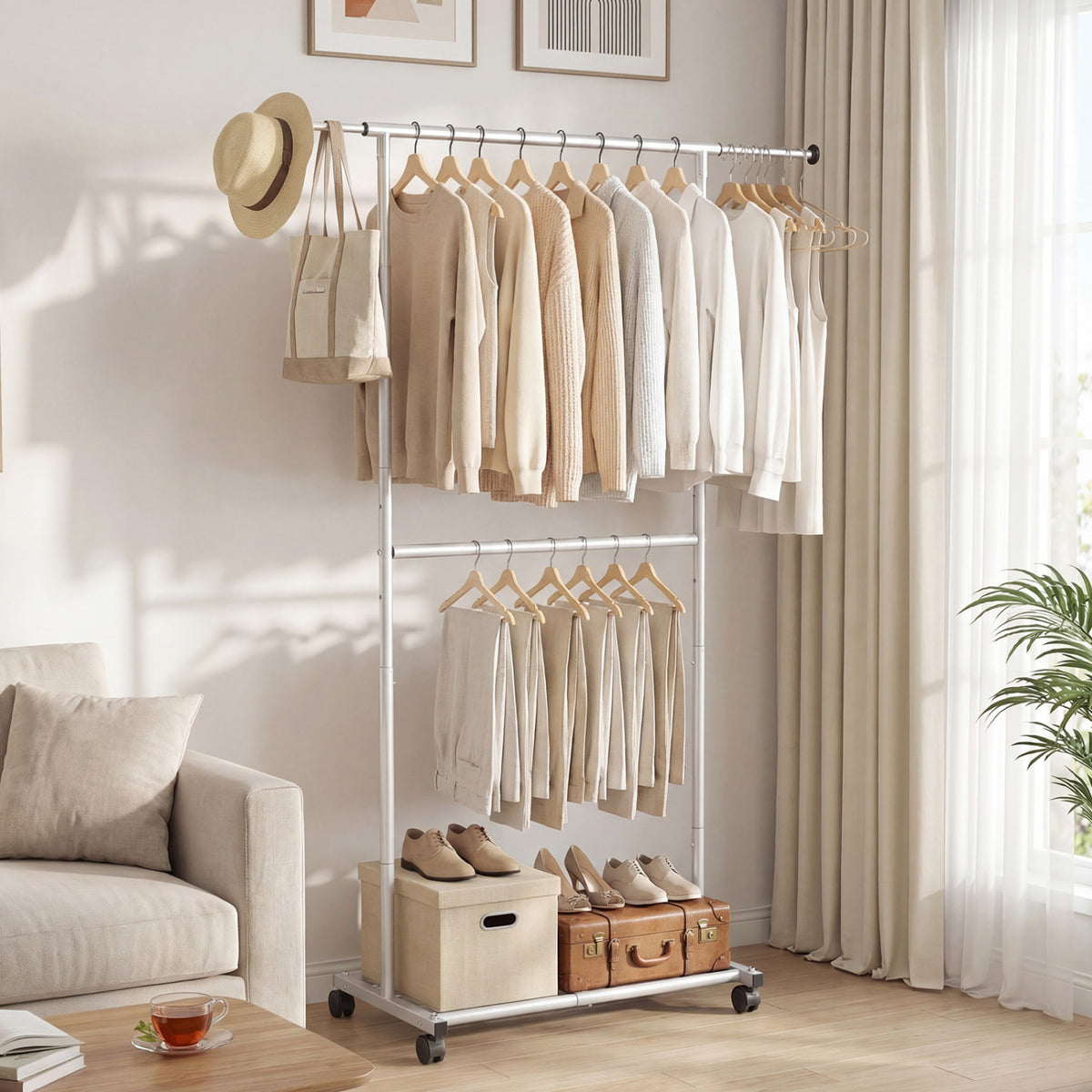 Rolling Clothes Rack Double-Rod Extendable Garment Stand