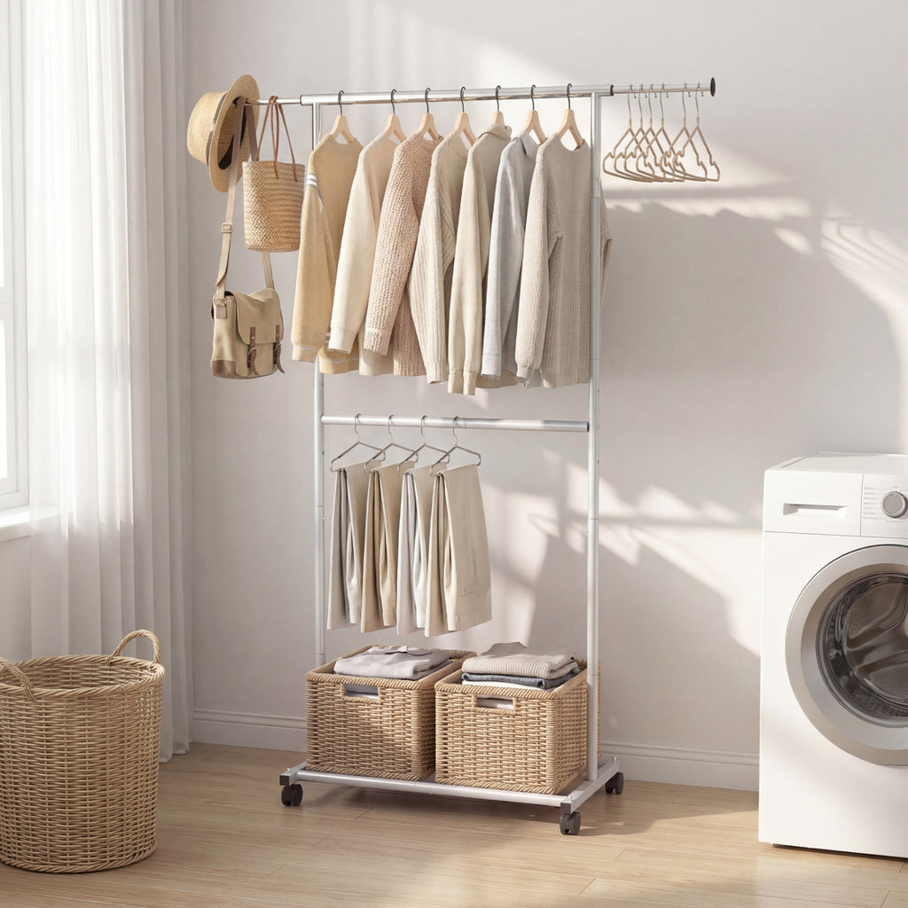 Rolling Clothes Rack Double-Rod Extendable Garment Stand