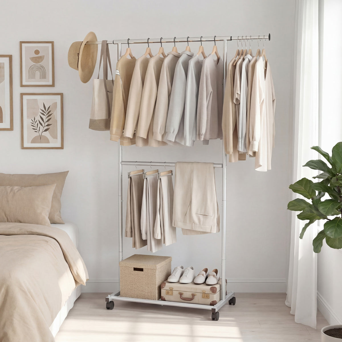 Rolling Clothes Rack Double-Rod Extendable Garment Stand