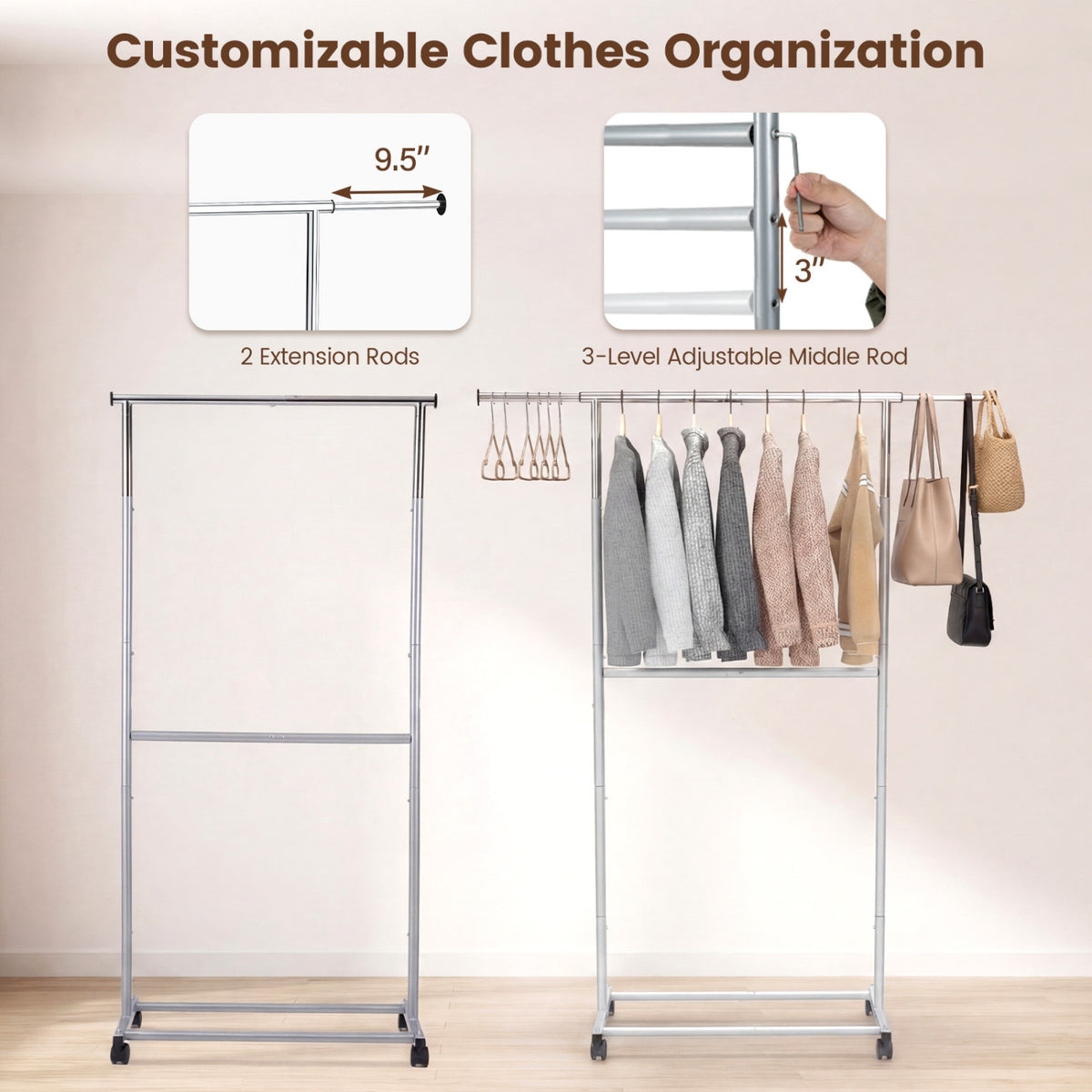 Double-Rod Rolling Clothes Rack - Extendable Garment Stand