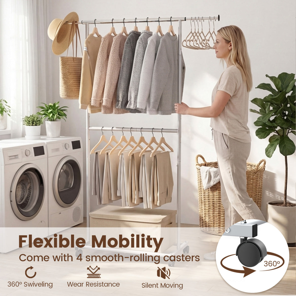 Rolling Clothes Rack Double-Rod Extendable Garment Stand
