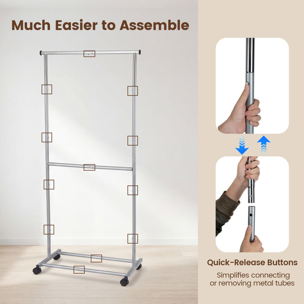 Rolling Clothes Rack Double-Rod Extendable Garment Stand