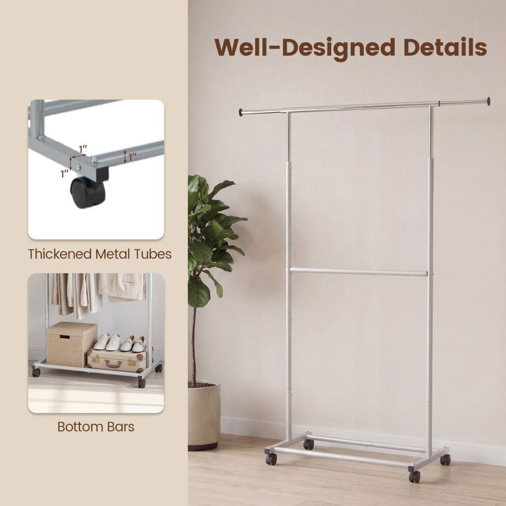 Rolling Clothes Rack Double-Rod Extendable Garment Stand