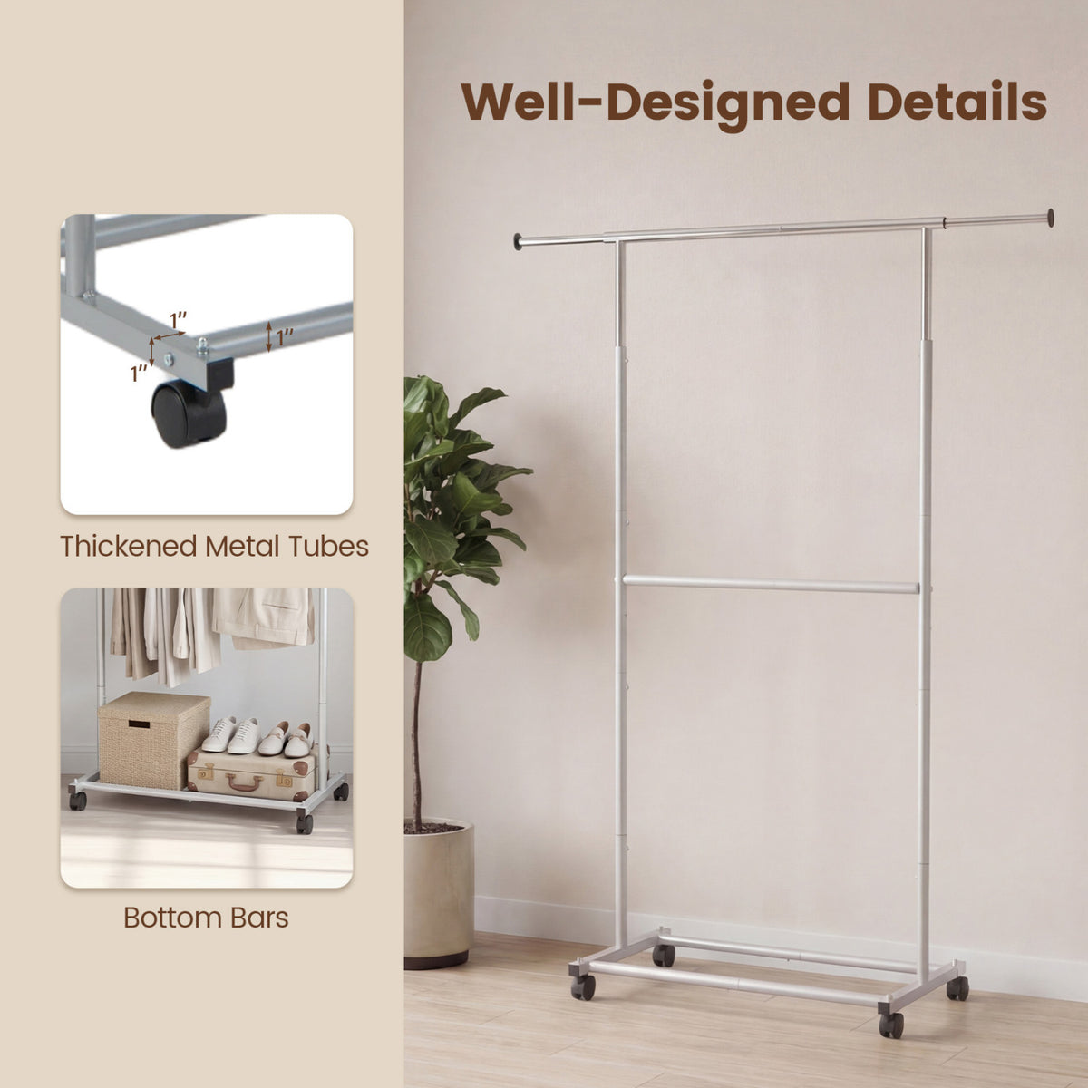 Rolling Clothes Rack Double-Rod Extendable Garment Stand