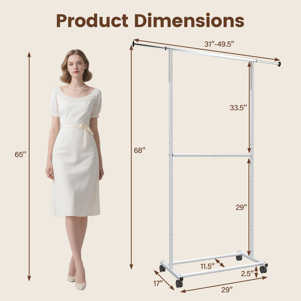 Rolling Clothes Rack Double-Rod Extendable Garment Stand