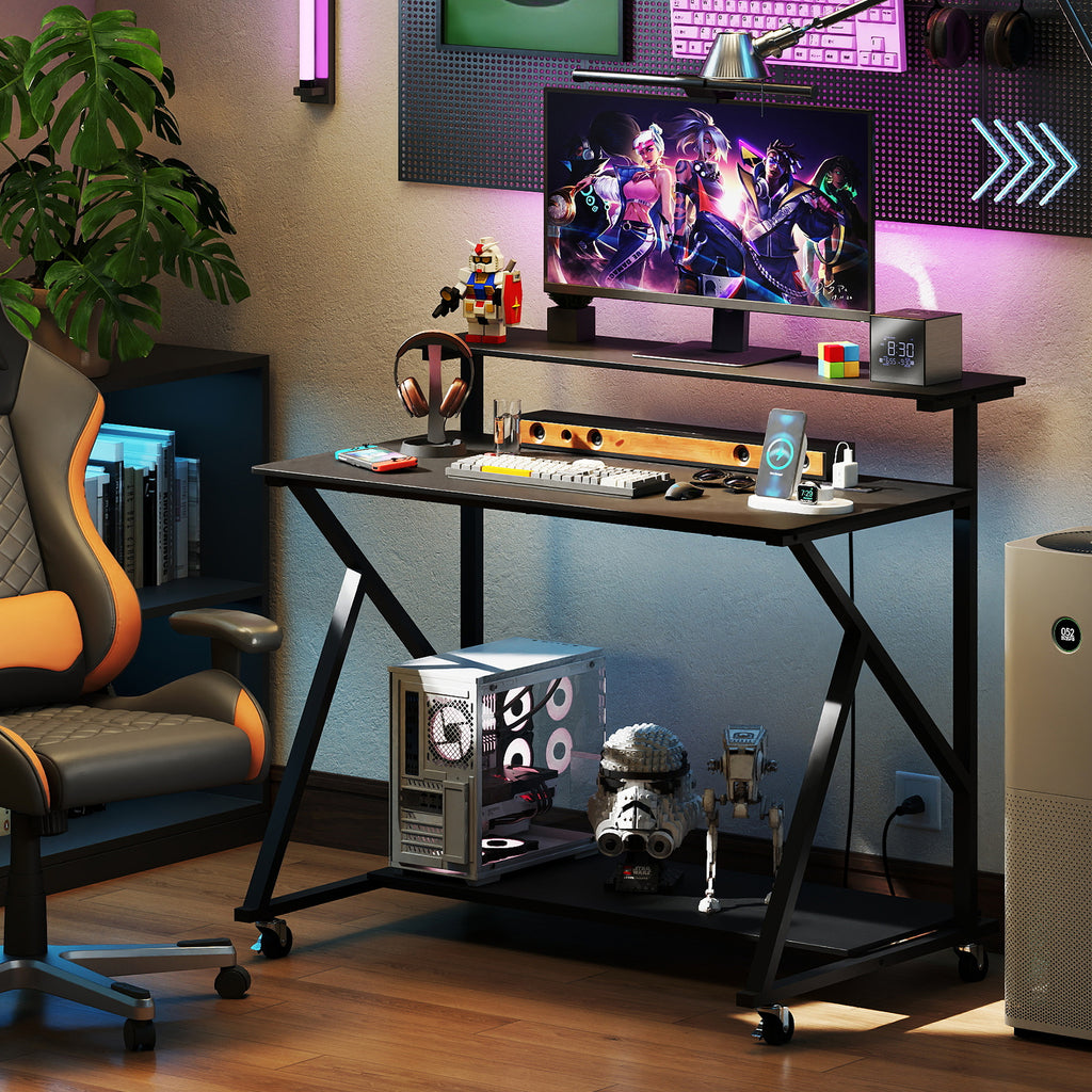Rolling Computer Desk with Charging Station and Monitor Shelf Storage