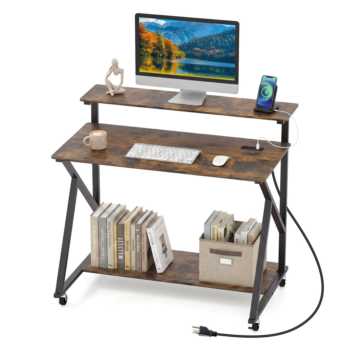 Rolling Computer Desk with Charging Station and Monitor Shelf Storage
