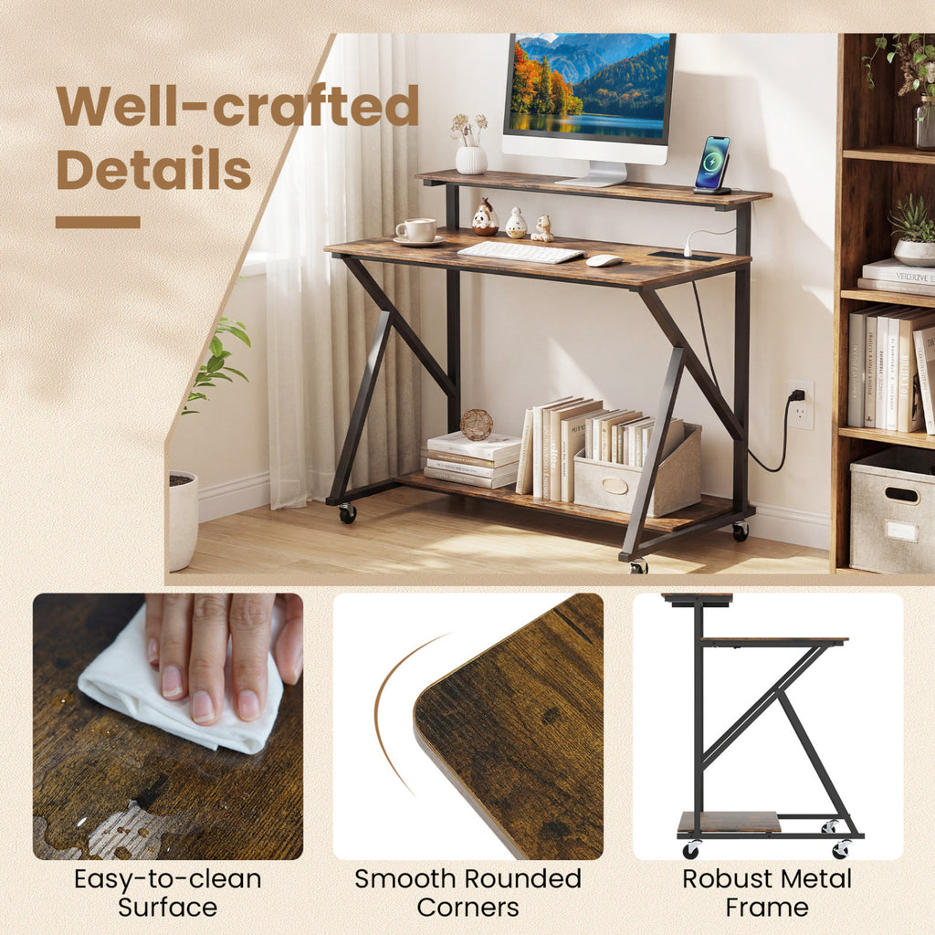 Rolling Computer Desk with Charging Station and Monitor Shelf Storage