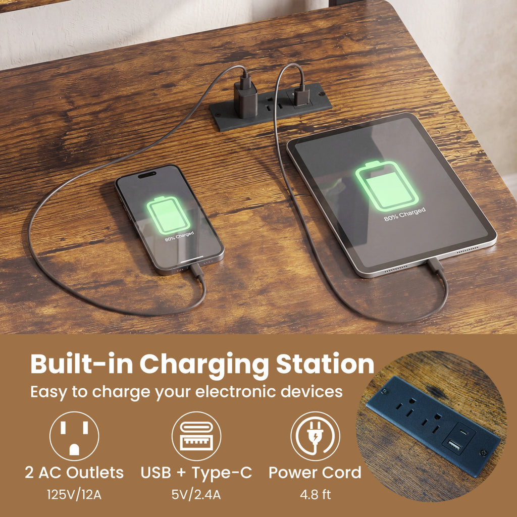 Rolling Computer Desk with Charging Station and Monitor Shelf Storage