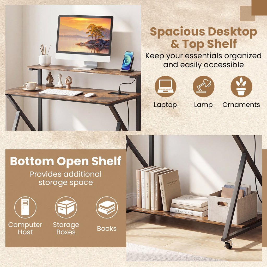 Rolling Computer Desk with Charging Station and Monitor Shelf Storage