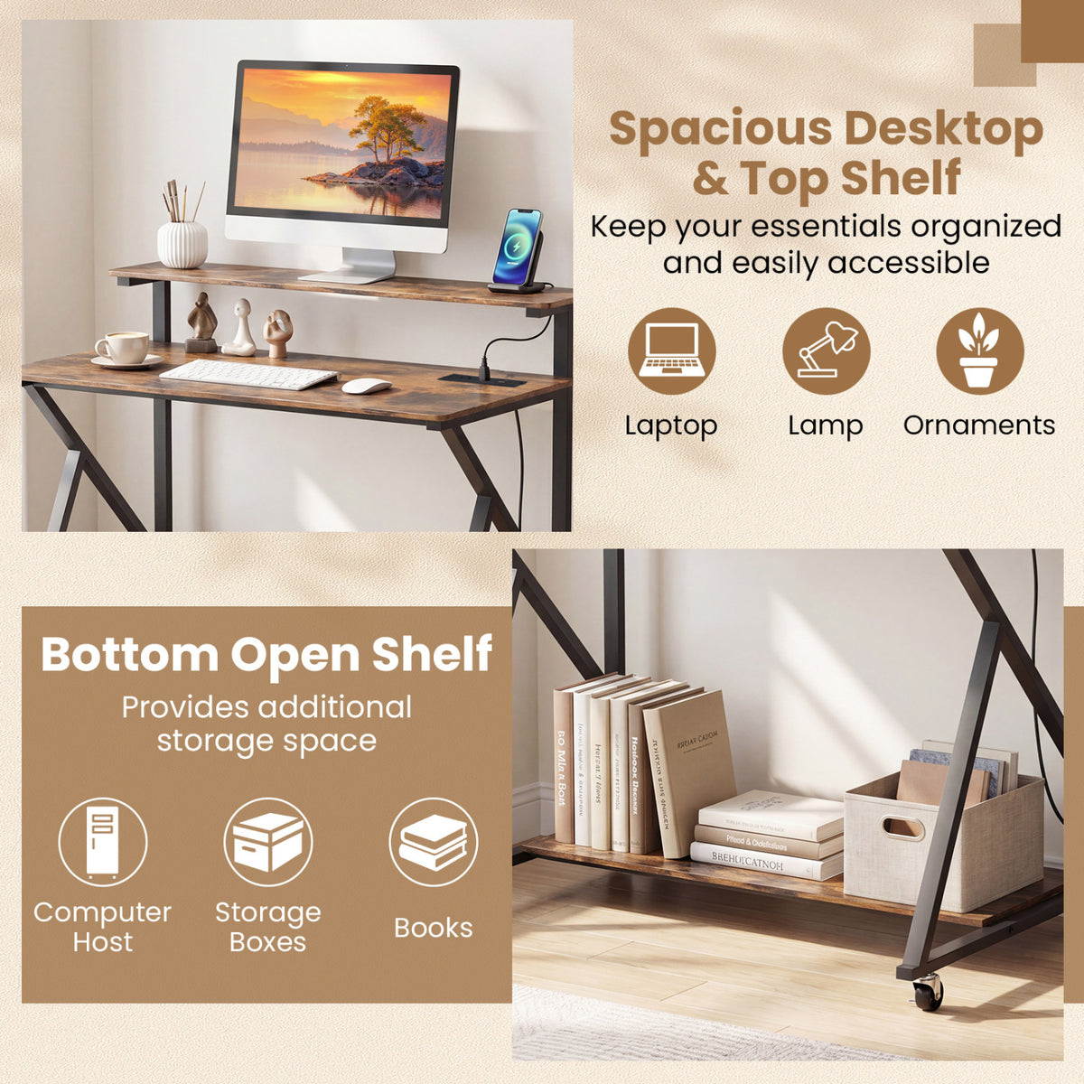 Rolling Computer Desk with Charging Station and Monitor Shelf Storage