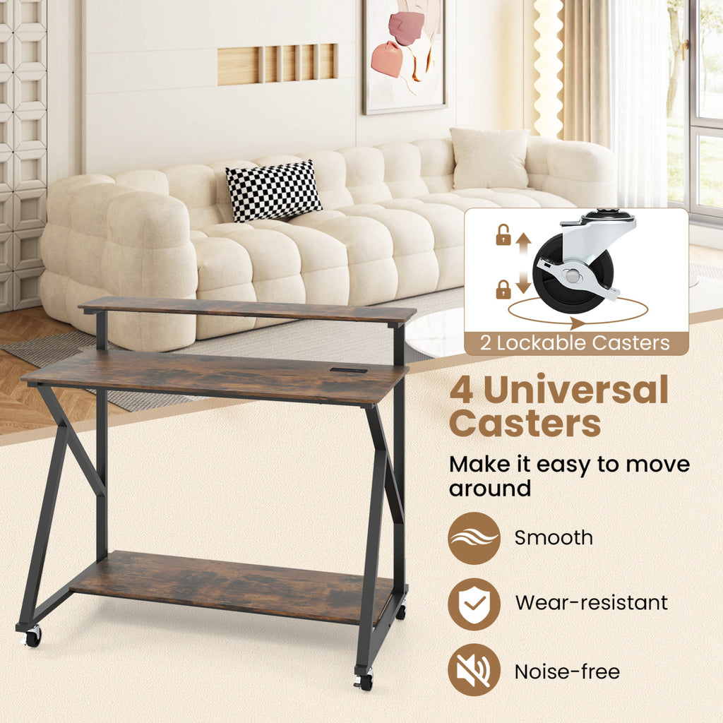 Rolling Computer Desk with Charging Station and Monitor Shelf Storage