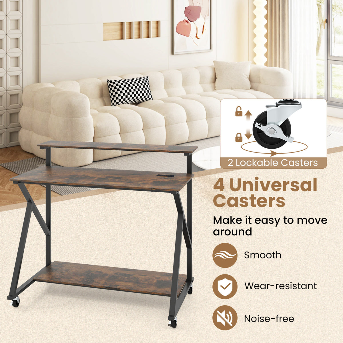 Rolling Computer Desk with Charging Station and Monitor Shelf Storage